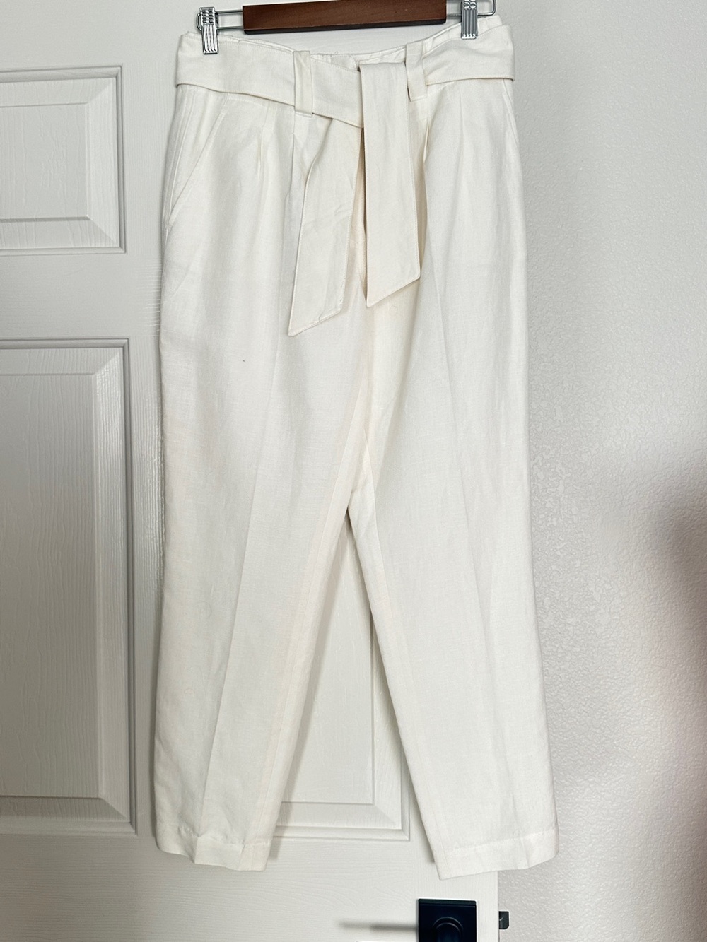 Calvin Klein High-Waist Tie-Belt Linen Pants - Ivory 4